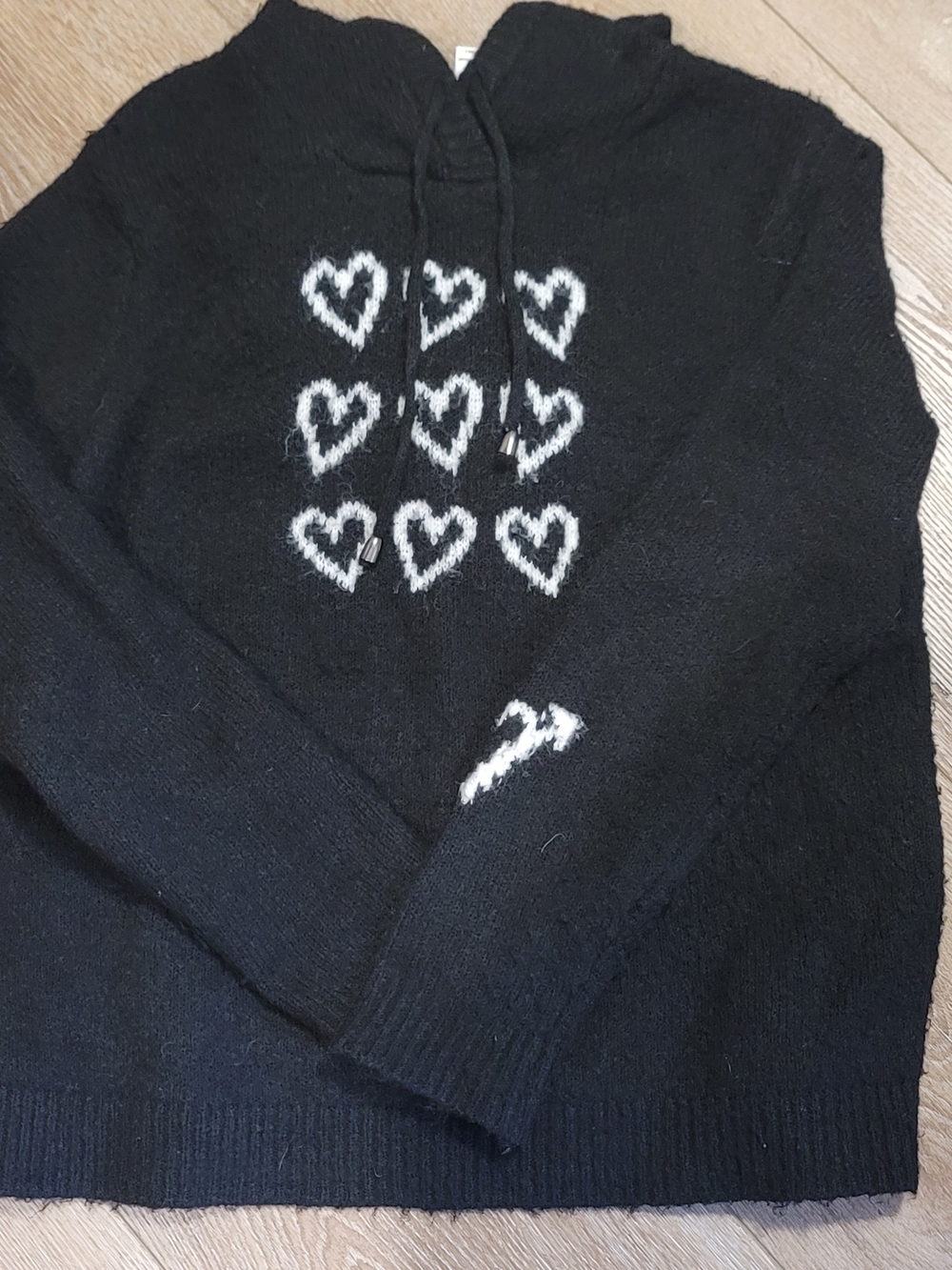 cupcakes & cashmere Black Hooded Sweater with White Heart Motif